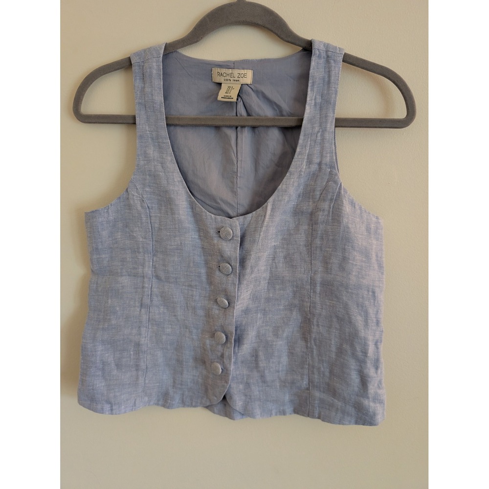 Rachel Zoe Womens Blue 100% Linen Cropped Tailored Vest Small career chambray